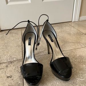 COPY - Dolce Gabbana black patent open toe heels w/ ankle strap.